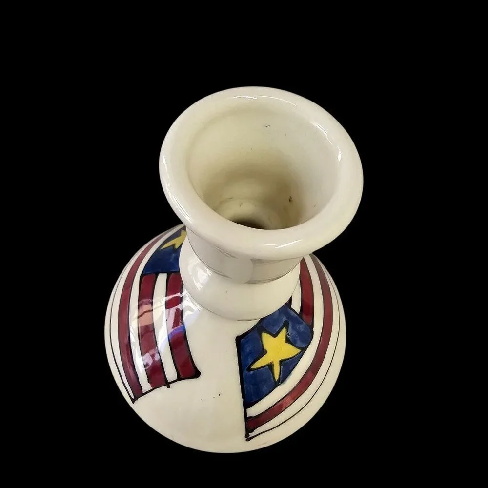Artist Signed Hand-Painted Ceramic American Flag Candle Holder Vintage
